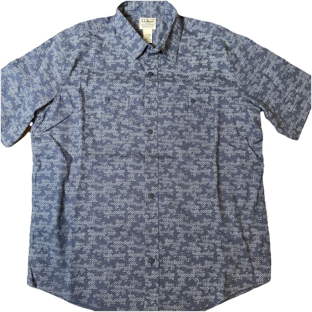 L.L. Bean Men's Traditional Fit M Tall Short Sleeve Button Up Blue Gorpcore Camp
